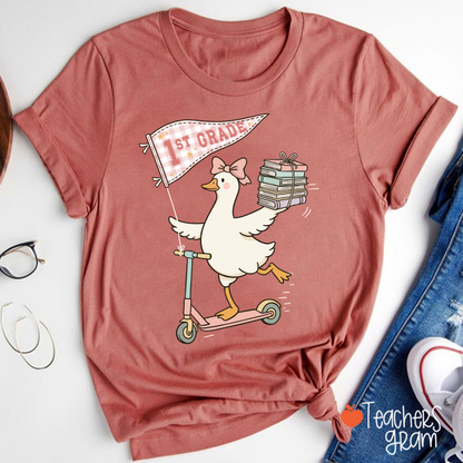 Personalized Grade Scooter Silly Goose Pennant Book Stack Teacher T-Shirt