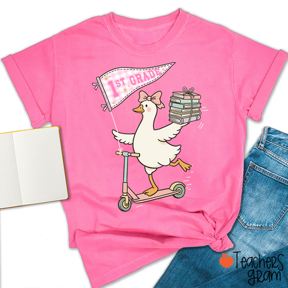 Personalized Grade Scooter Silly Goose Pennant Book Stack Teacher T-Shirt