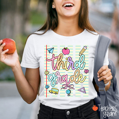 Personalized Grade Notebook Stripes Cute Icons Teacher T-Shirt