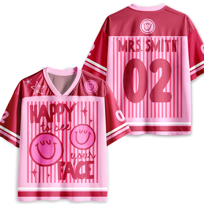 Personalized Name Two Sided Smile Face Striped Jersey Teacher T-Shirt