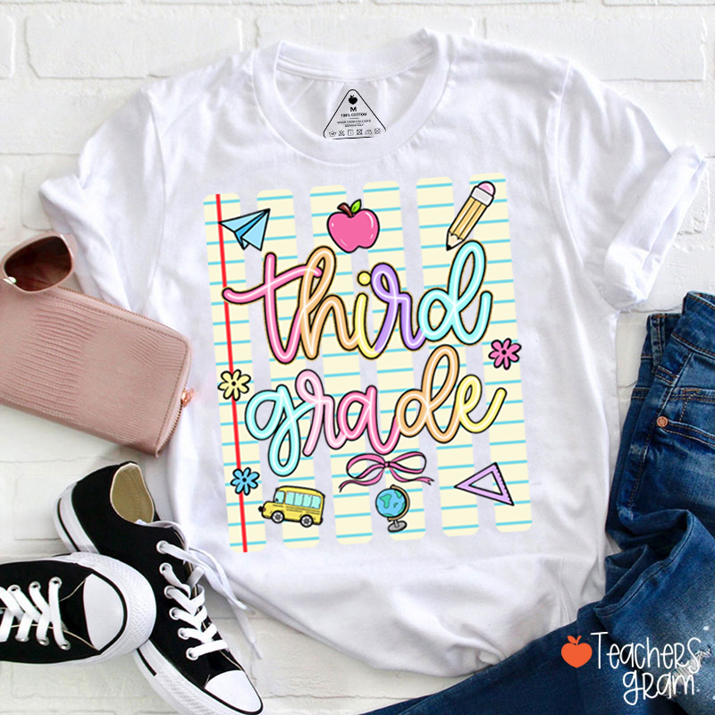 Personalized Grade Notebook Stripes Cute Icons Teacher T-Shirt