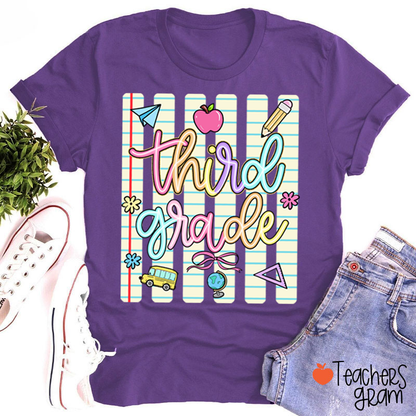 Personalized Grade Notebook Stripes Cute Icons Teacher T-Shirt