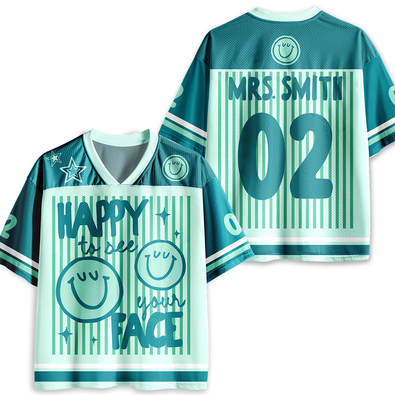 Personalized Name Two Sided Smile Face Striped Jersey Teacher T-Shirt
