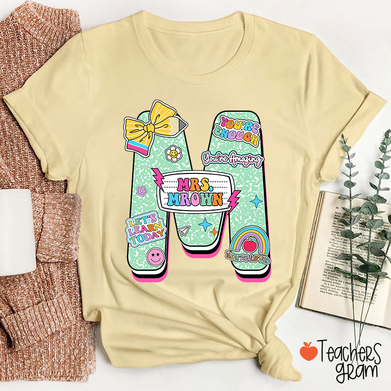 Personalized Notebook Style Letter Name Teacher T-Shirt