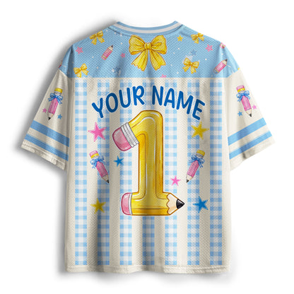 Personalized Grade And Name Gingham Stripes Pencil Bow Teacher Mesh Jersey