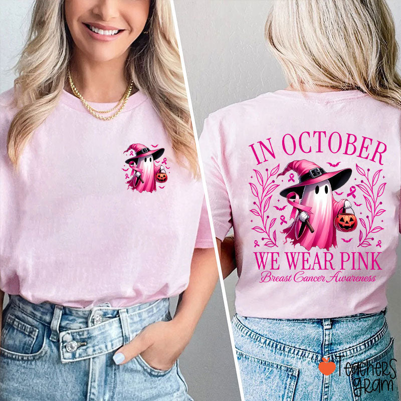 Halloween Beautifully Ghost Picture Breast Cancer Awareness Teacher Two Sided T-Shirt