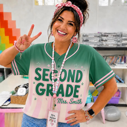 Personalized Grade Green Pink Ombre Cute Print Teacher Baseball Jersey