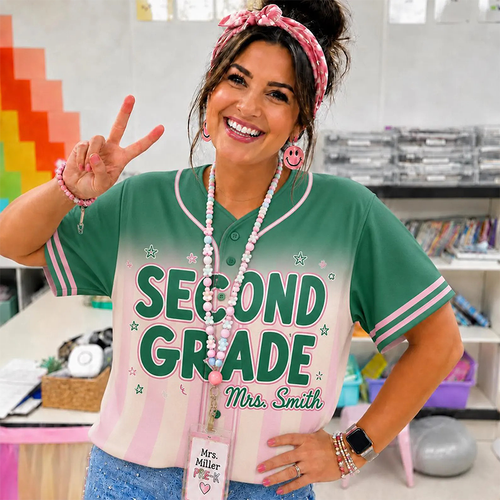 Personalized Grade Green Pink Ombre Cute Print Teacher Baseball Jersey