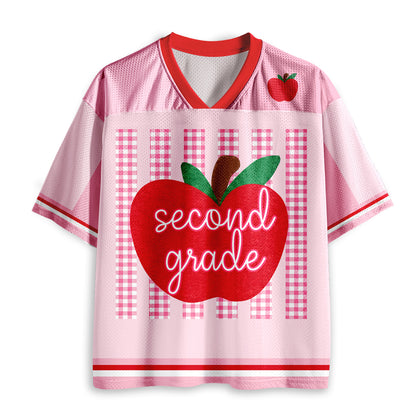 Personalized Grade And Name Gingham Stripes Apple Teacher Mesh Jersey