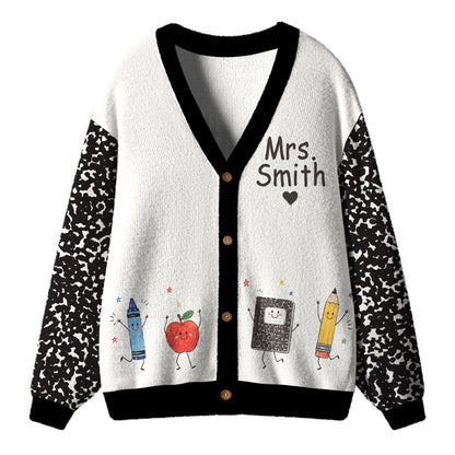 Personalized Name Notebook Pencil Apple Teacher Ugly Cardigan Sweaters