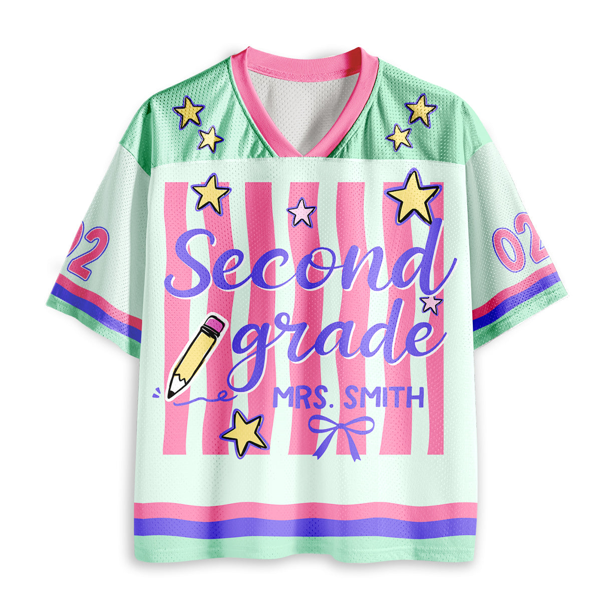 Personalized Grade And Name Preppy Stripes Star Pencil Teacher Mesh Jersey