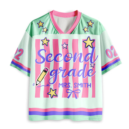 Personalized Grade And Name Preppy Stripes Star Pencil Teacher Mesh Jersey