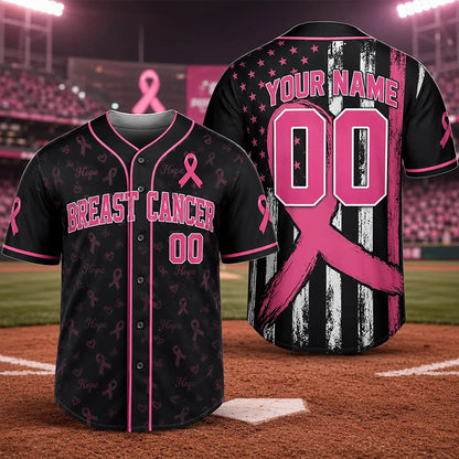 Personalized Name Number Pink Ribbon Flag Stripe Baseball Jersey