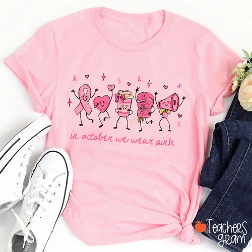 October Pink Ribbon Heart Coffee Megaphone Graphic Teacher T-Shirt