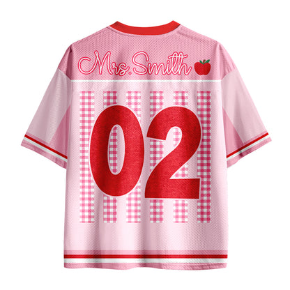 Personalized Grade And Name Gingham Stripes Apple Teacher Mesh Jersey