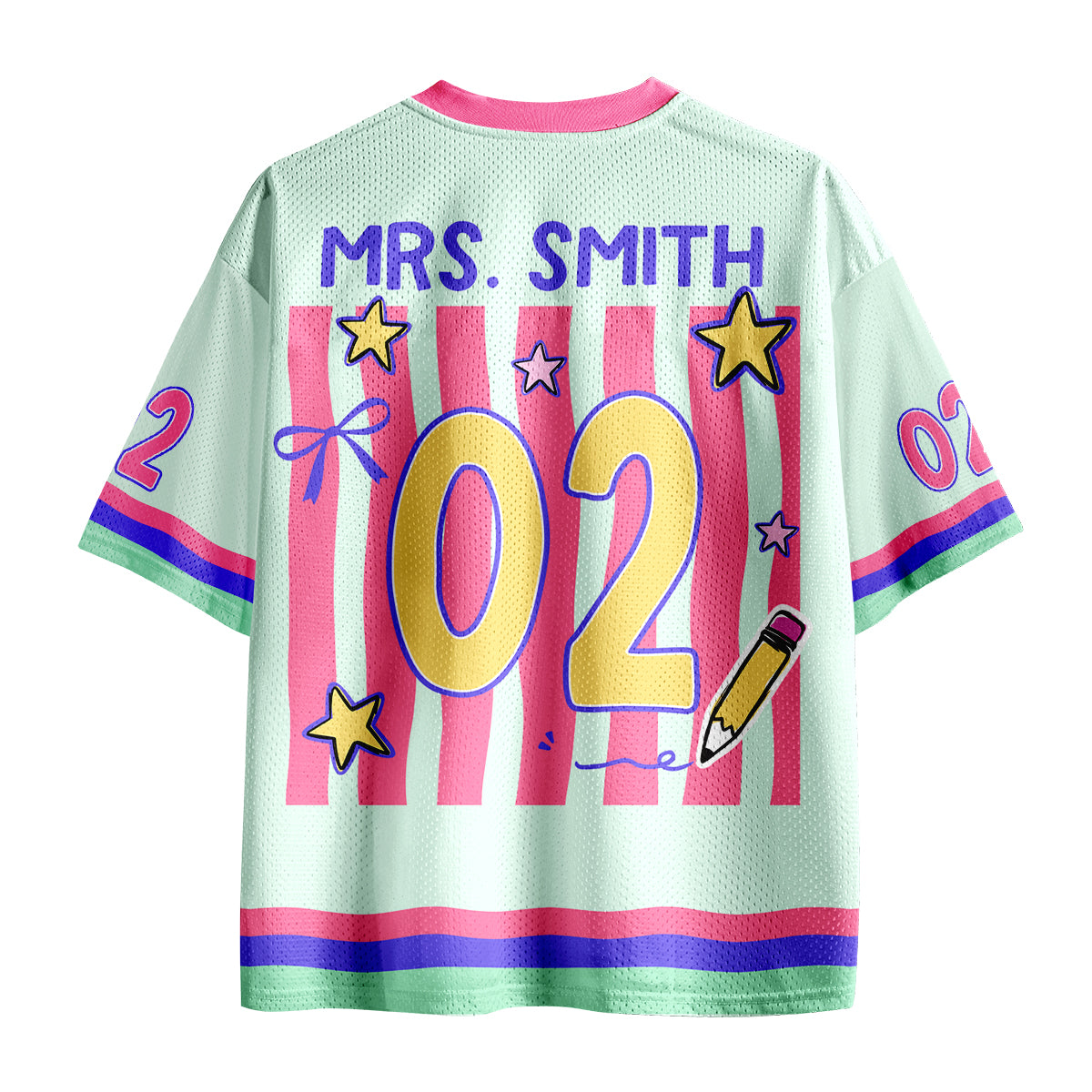 Personalized Grade And Name Preppy Stripes Star Pencil Teacher Mesh Jersey