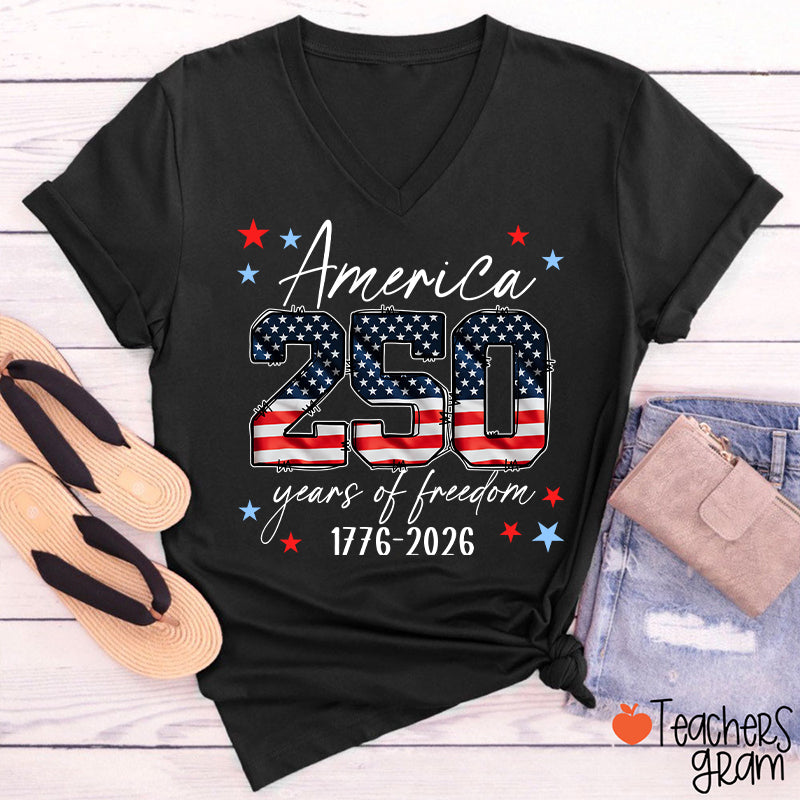 USA 250 Years Of Freedom 1776-2026 Teacher Female V-Neck T-Shirt