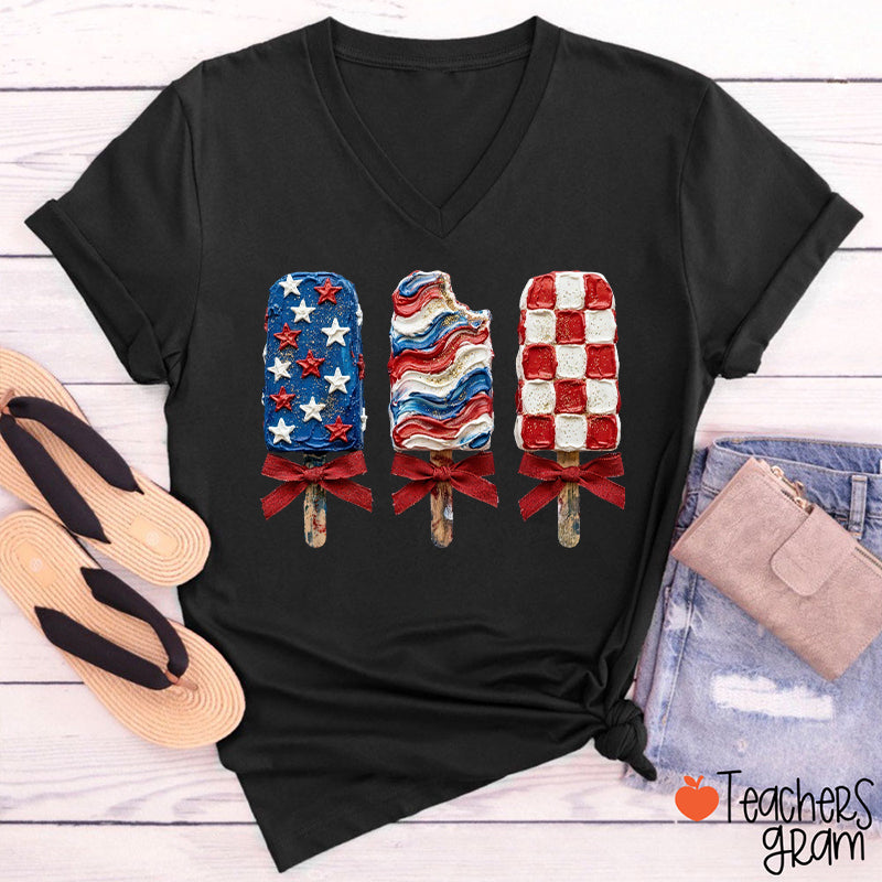 Patriotic Popsicle Teacher Female V-Neck T-Shirt