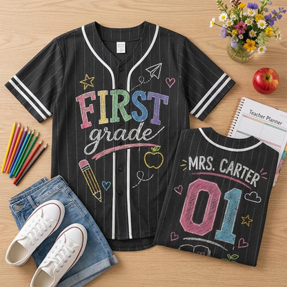 Personalized Grade Name And Number Pinstripe Striped Teacher Baseball Jersey