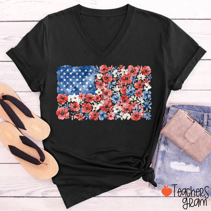 Vintage Floral USA Flag Teacher Female V-Neck T-Shirt