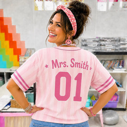 Personalized Grade And Name Preppy Pastel Stripes Pennant First Day Teacher Baseball Jersey