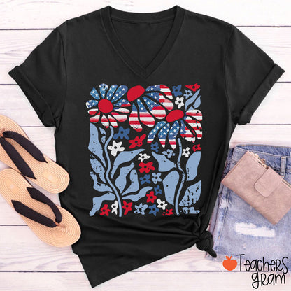 Boho Patriotic Daisy American Flag Floral Teacher Female V-Neck T-Shirt