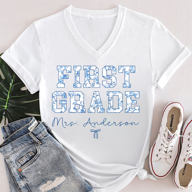 Personalized Name And Grade Trendy Teacher Female V-Neck T-Shirt