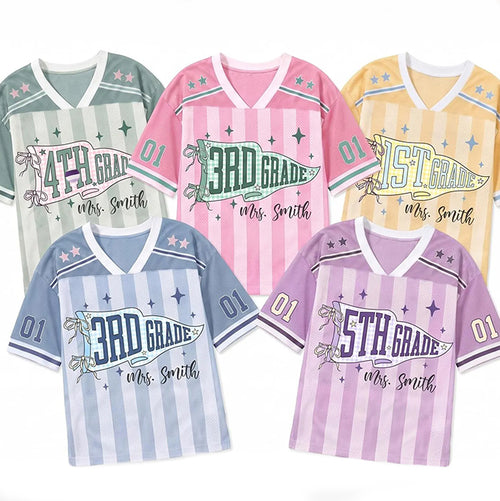 Personalized Grade And Name Striped Pennant Bow Star Teacher Mesh Jersey