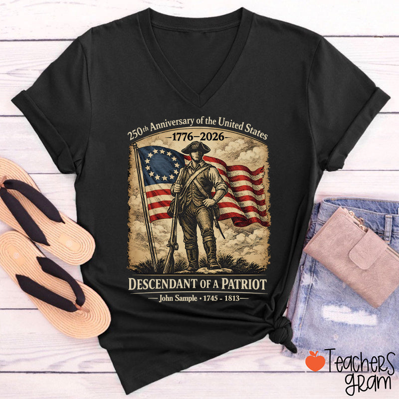 Personalized Descendant Of A Patriot Teacher Female V-Neck T-Shirt