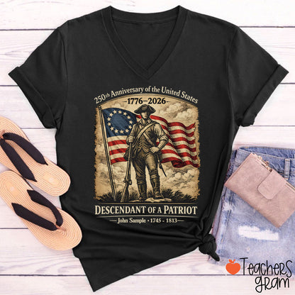 Personalized Descendant Of A Patriot Teacher Female V-Neck T-Shirt