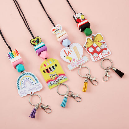 Personalized Name Colorful Books Rainbow Pencil Teacher Lanyard