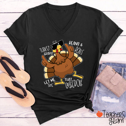 Turkey Gravy Beans Rolls Thanksgiving Teacher Female V-Neck T-Shirt