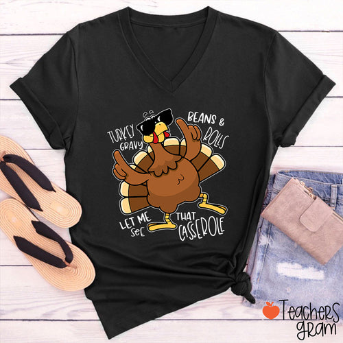 Turkey Gravy Beans Rolls Thanksgiving Teacher Female V-Neck T-Shirt