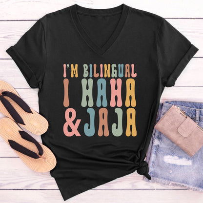 I'm Bilingual I Haha And Jaja Teacher Female V-Neck T-Shirt