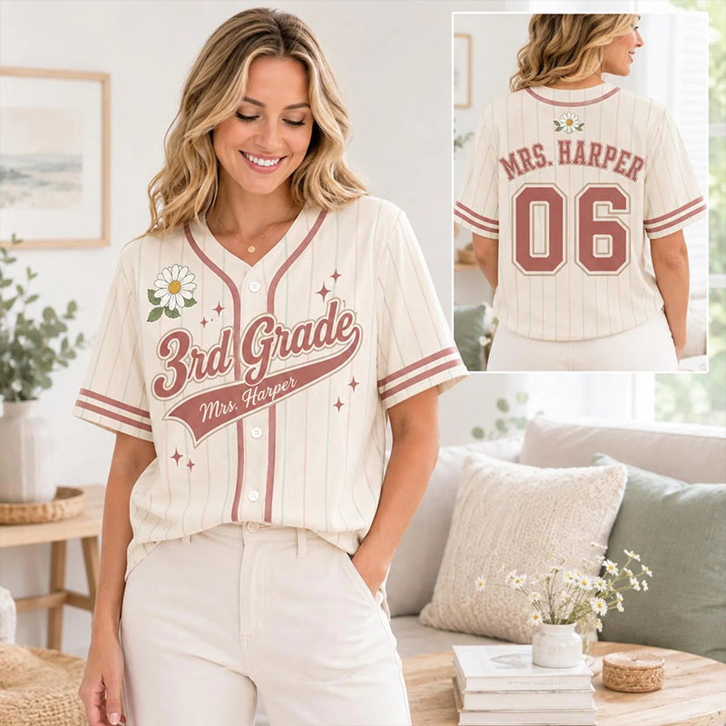 Personalized Grade Name Daisy Pinstripe Mesh Teacher Baseball Jersey