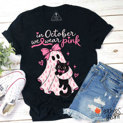 In October We Wear Pink Ribbon Ghost Cat Teacher T-Shirt
