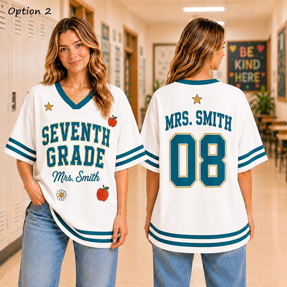Personalized Grade And Name Preppy Double Stripe Teacher Mesh Jersey