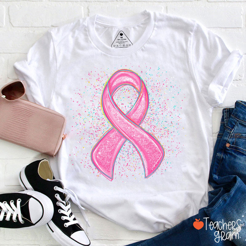 Sparkly Pink Ribbon Awareness Teacher T-Shirt