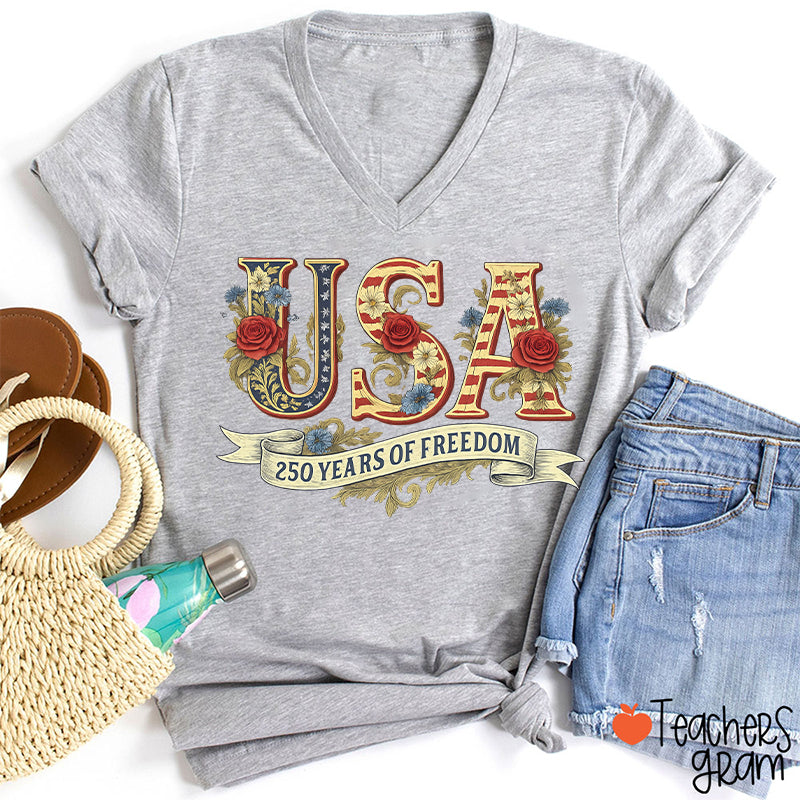 Usa 250 Years Of Freedom Teacher Female V-Neck T-Shirt