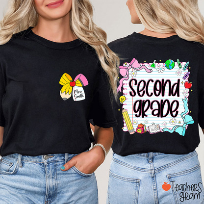 Personalized Grade And Name Pencil Bow Notebook Teacher Two Sided T-Shirt