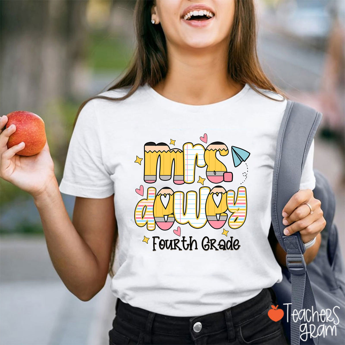 Personalized Name Grade Pencil Notebook Heart Star Paper Plane Teacher T-Shirt