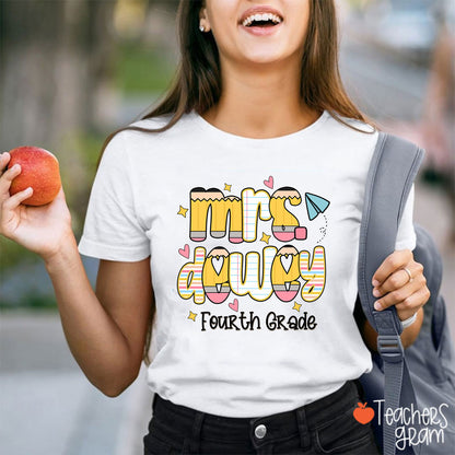 Personalized Name Grade Pencil Notebook Heart Star Paper Plane Teacher T-Shirt