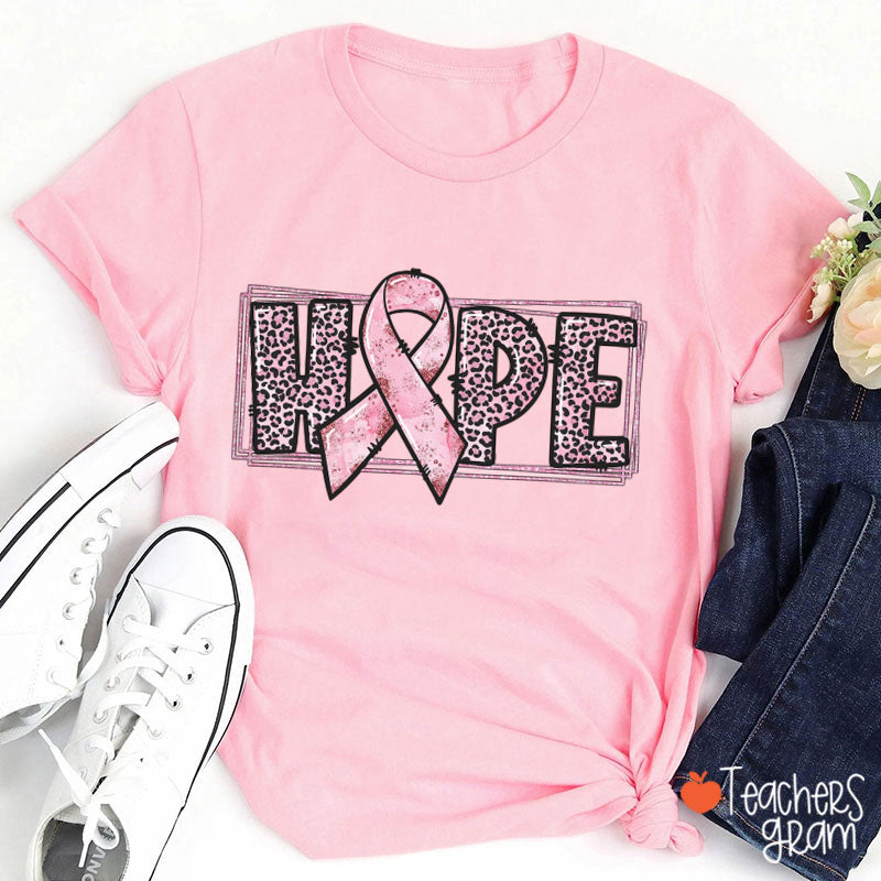 Leopard Print Hope Breast Cancer Ribbon Design Teacher T-Shirt