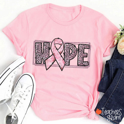 Leopard Print Hope Breast Cancer Ribbon Design Teacher T-Shirt