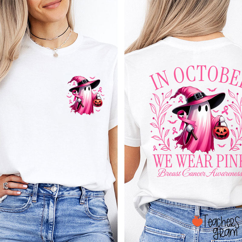 Halloween Beautifully Ghost Picture Breast Cancer Awareness Teacher Two Sided T-Shirt