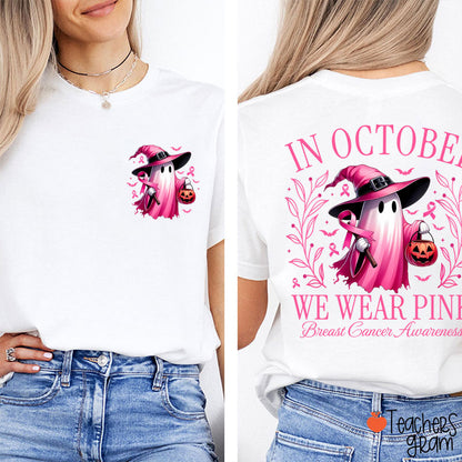 Halloween Beautifully Ghost Picture Breast Cancer Awareness Teacher Two Sided T-Shirt
