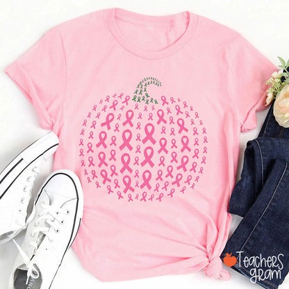 Pink Ribbon Pumpkin For Breast Cancer Teacher T-Shirt