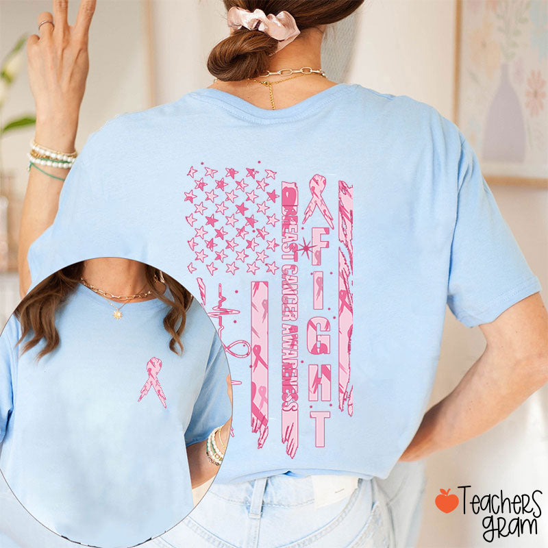 Pink Ribbon Fight Breast Cancer Awareness Teacher Two Sided T-Shirt
