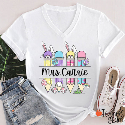 Personalized Easter Name Teacher Female V-Neck T-Shirt