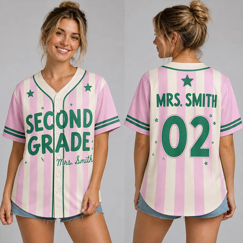 Personalized Grade And Name Preppy Stripes Star Teacher Baseball Jersey